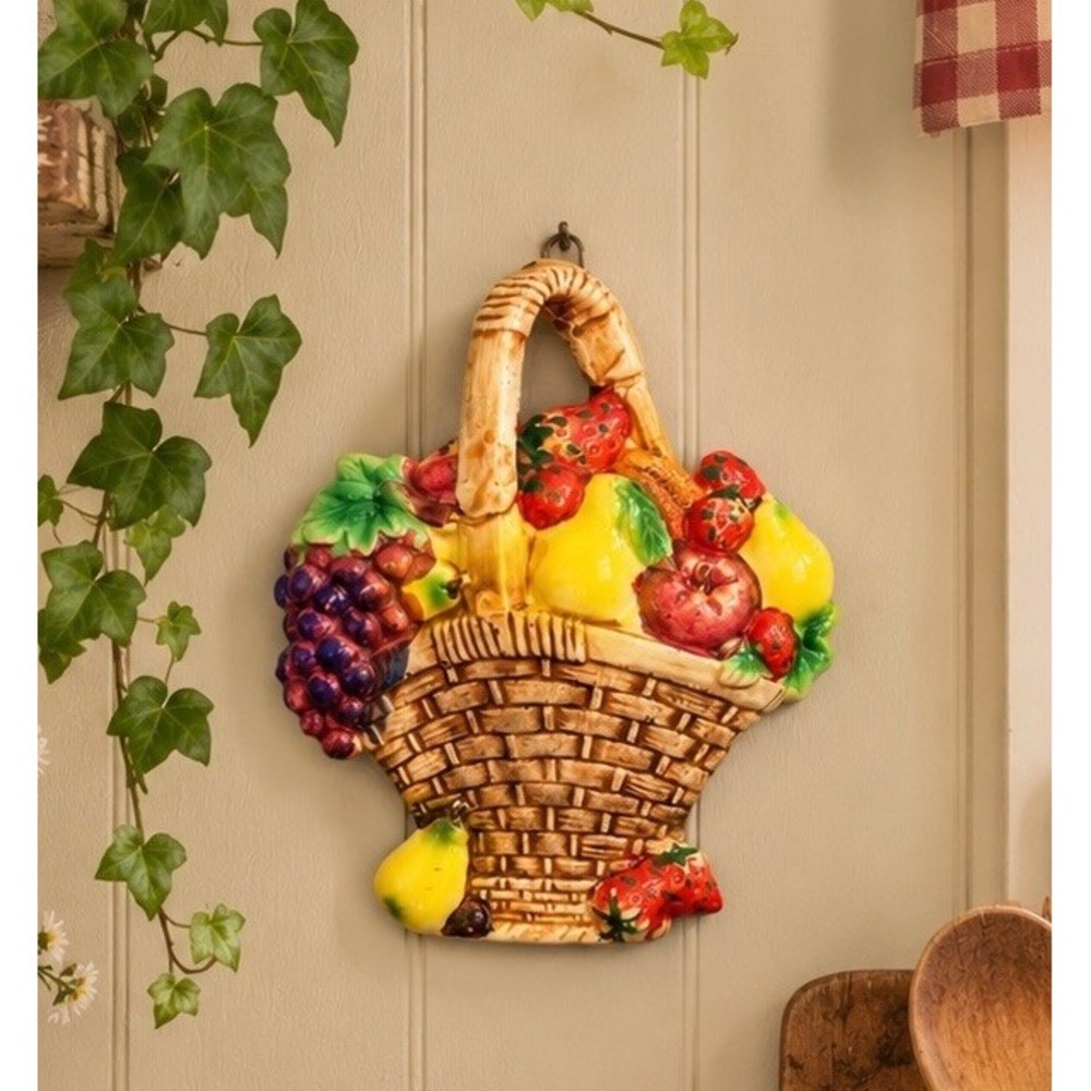Vintage 8" Ceramic Fruit Basket Wall Plaque Hand Painted Granny Chic Kitchen